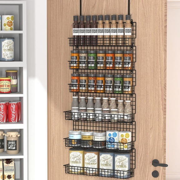 Huxidaja 6-Tier Spice Rack Organizer, Over the Door & Wall Mounted Carbon Steel Pantry Storage Shelves, High Capacity, Black