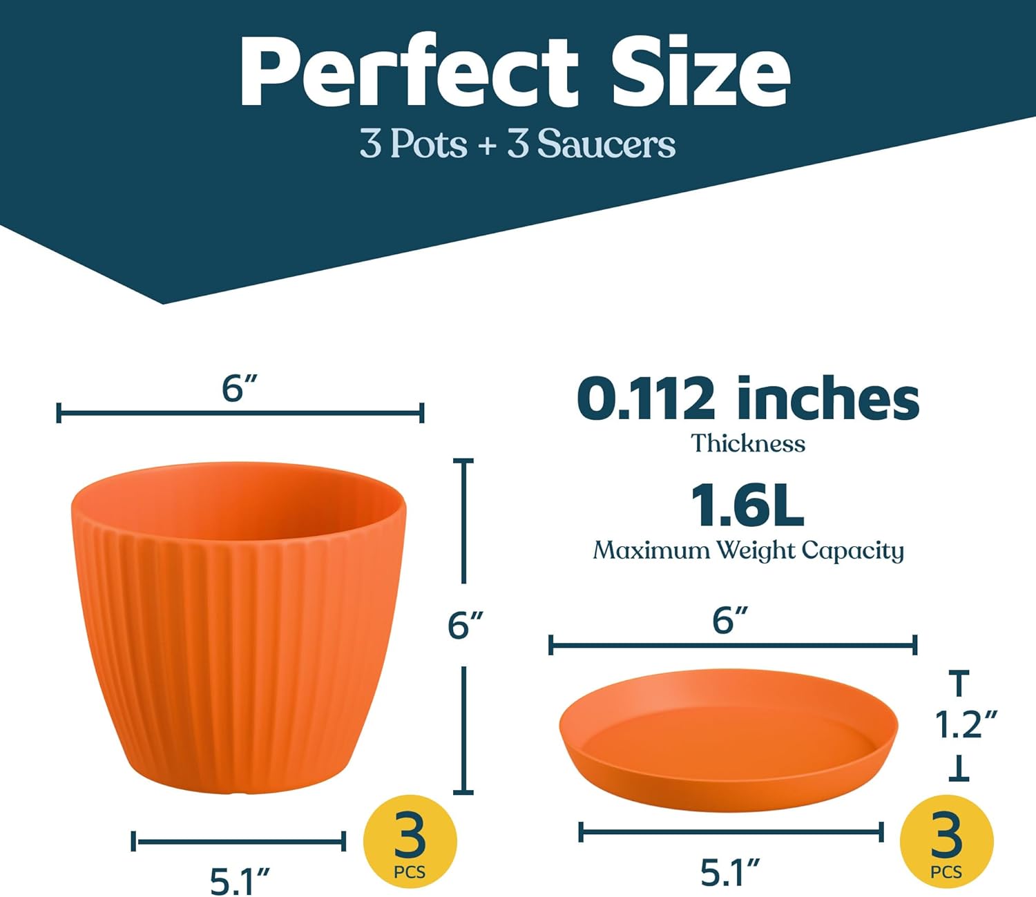 Yellow 6-Inch Plant Pots with Drainage & Saucers 3 Pack, Indoor & Outdoor Planters for Houseplants, Herbs, and Flowers, Durable & Weatherproof Material, Stackable, Lightweight, Minimalist Design