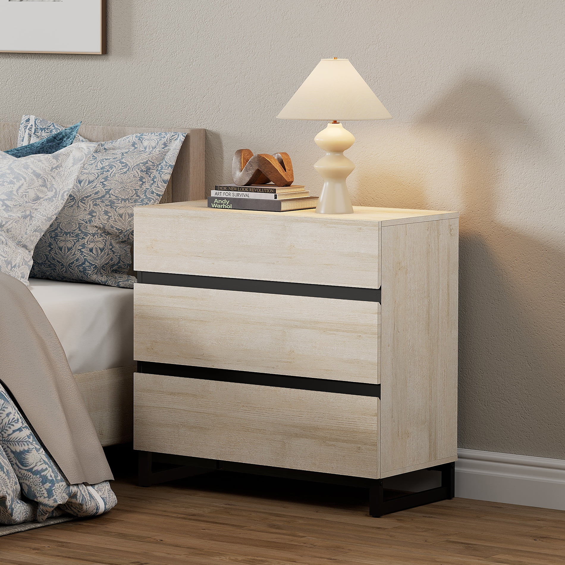 WAMPAT 2 Pack Nightstand with 3 Drawers for Bedroom, Modern Bedside Table with Black Square Iron Leg, Wood Rustic Side End Table for Bedroom,Light Oak