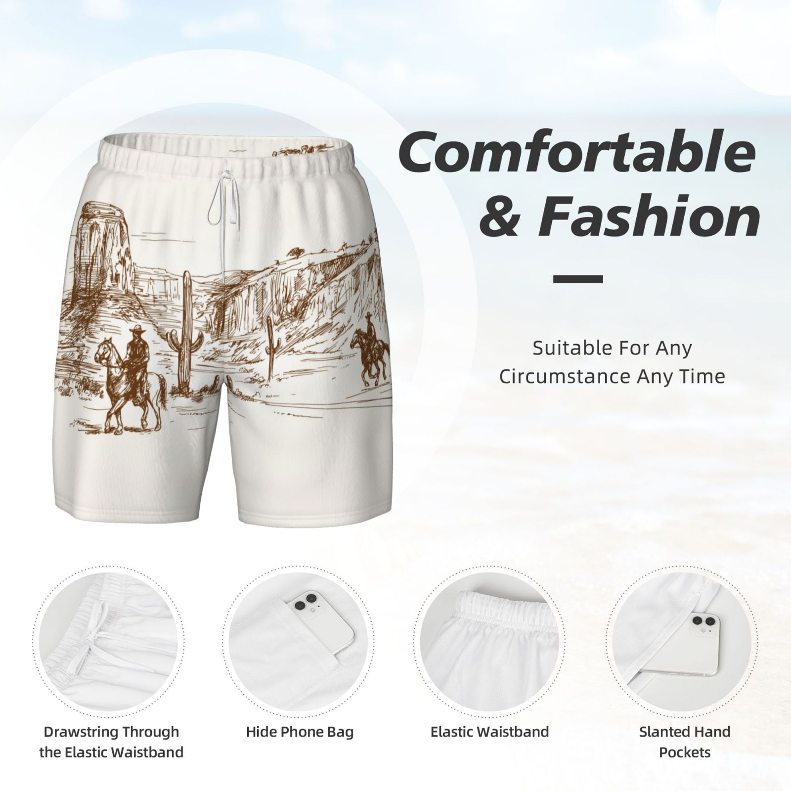 Xecao Western Desert Cowboys for Men's Swimming Trunks Swim Trunks Quick Dry Swim Shorts with Mesh Lining Funny Swimwear Bathing Suits