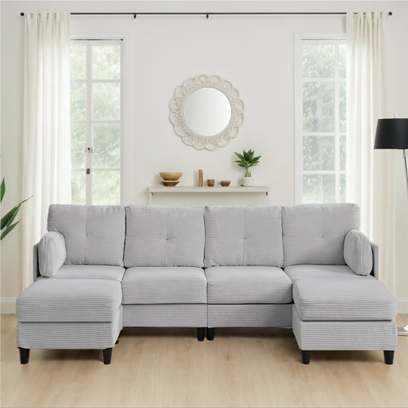 Mjkone 4-seater U Shaped Sectional Sofa, Corduroy Sectional Couch with Chaise, Modern Modular Couches and Sofas for Living Room-Light Grey