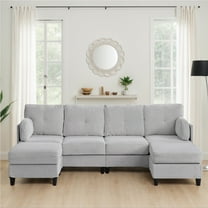 Mjkone 4-seater U Shaped Sectional Sofa, Corduroy Sectional Couch with Chaise, Modern Modular Couches and Sofas for Living Room-Light Grey