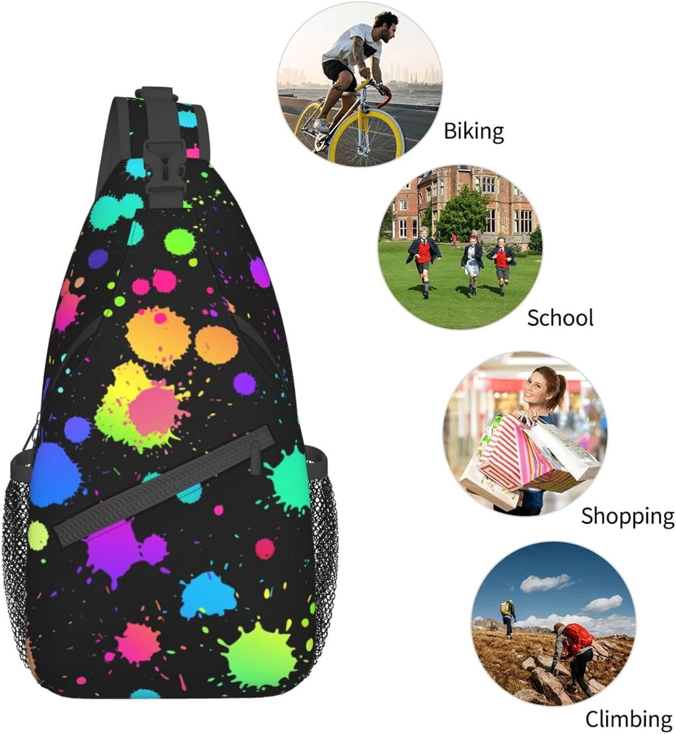 Glow in Dark Splatter Neon Rainbow Pattern Sling Bag Crossbody Hiking Travel Chest Bags Backpack Shoulder Daypack for Women Men