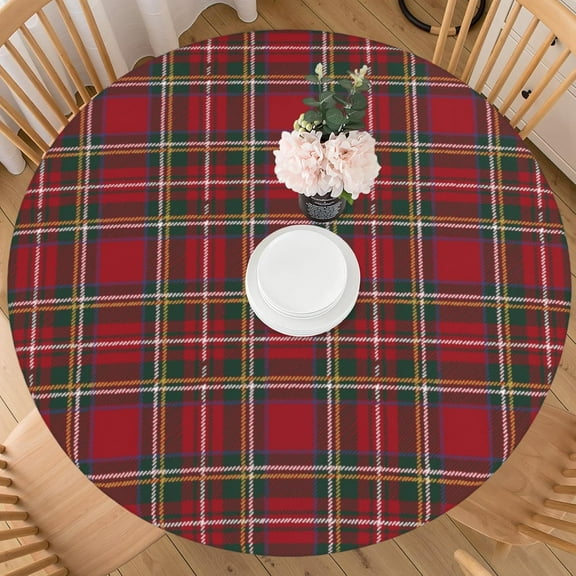 Christmas Plaid Round Fitted Tablecloth with Elastic for 48-52 Inch Tables Red Green Buffalo Checkered Fitted Table Cover Waterproof Winter Holiday Theme Farmhouse Indoor Outdoor Patio Picnic Party
