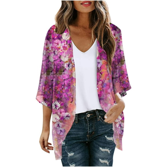 Holloyiver Women's Summer Sweater Women's Floral Print Puff Sleeve Kimono Cardigan Loose Chiffon Cover Up Casual Blouse Tops Cardigan Sweaters for Women Lightweight 3XL