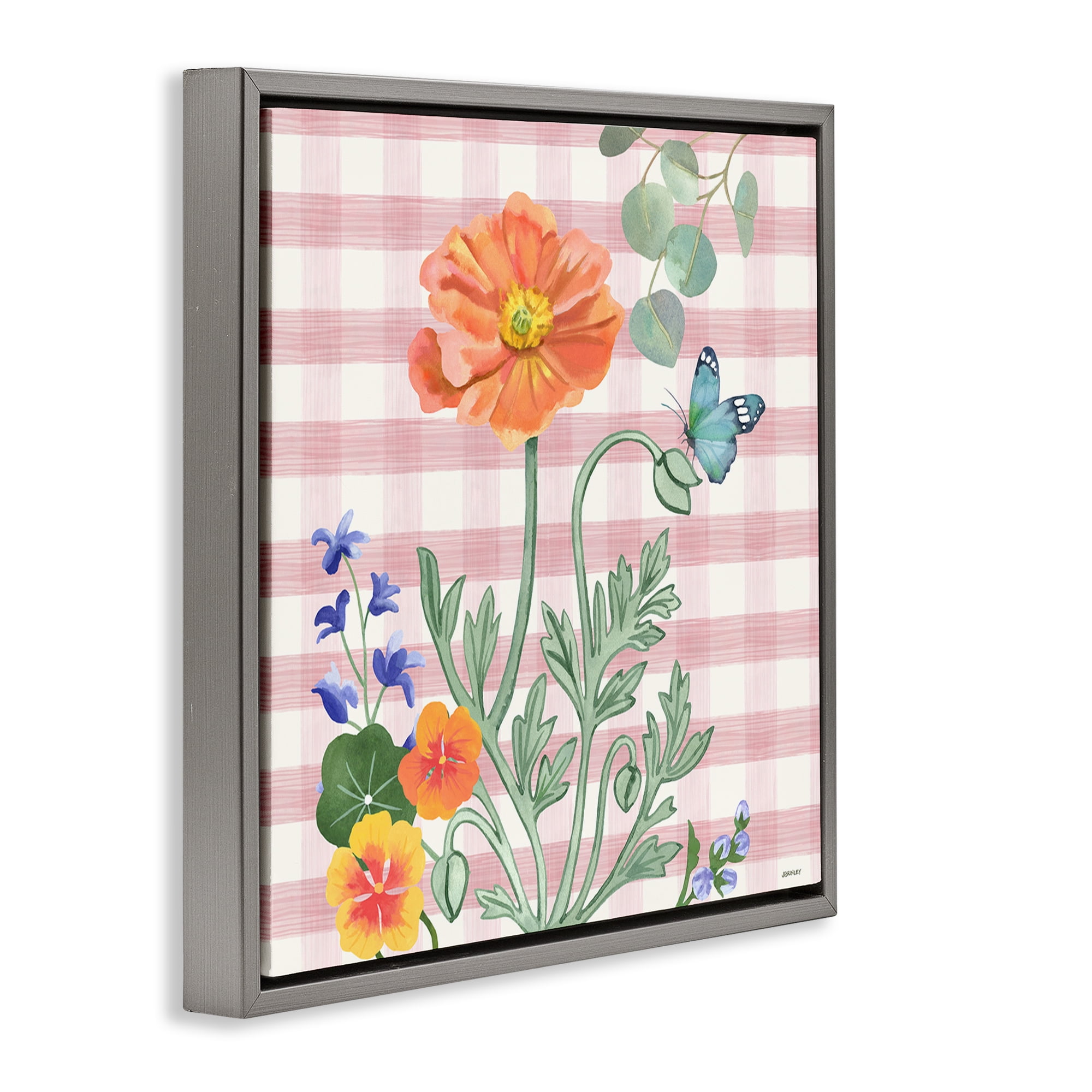 Stupell Industries Gingham Garden Poppy Botanical & Floral Painting Gray Floater Framed Canvas Art Print Wall Art, 25 x 25