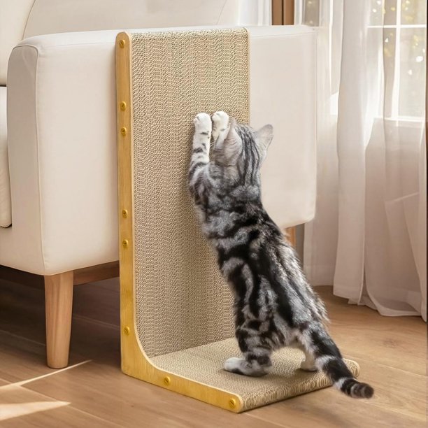 Rascador para gatos Conlun, cartón en forma de L, 58 x 30 x 25 cm, madera clara