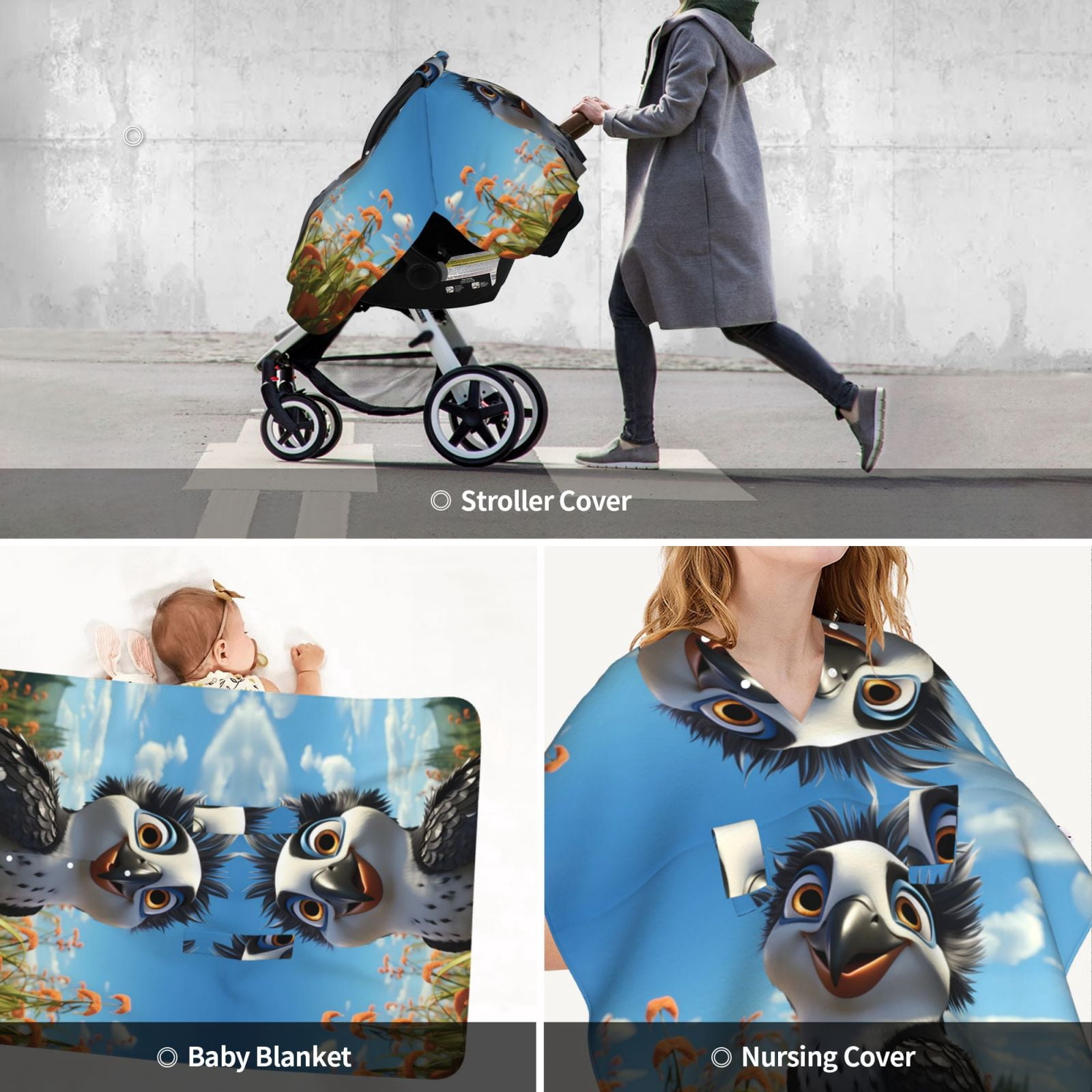 Car Seat Cover Baby - Joyful Animated Bird Breathable Infant Car Seat Cover for Baby Carseat, Lightweight Comfort Baby Essentials Must Haves Newborn Stuff for Girl Boy