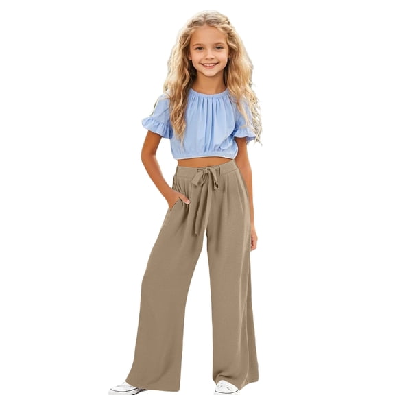 XEGLSBU Girls Wide Leg Pants Casual Trousers Loose Fit Long Pants Comfortable Stretchy Soft for Daily Play and School Wear (Khaki Size 8-9 Years)
