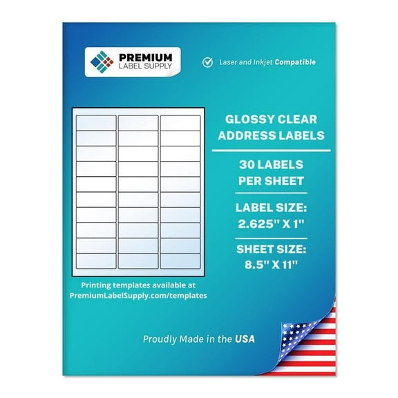 Premium Label Supply Glossy Clear Address Labels – 2.625” x 1" – Laser/Inkjet Compatible – (30 Labels/Sheet), 10 Sheets - 300 Total Adhesive Labels