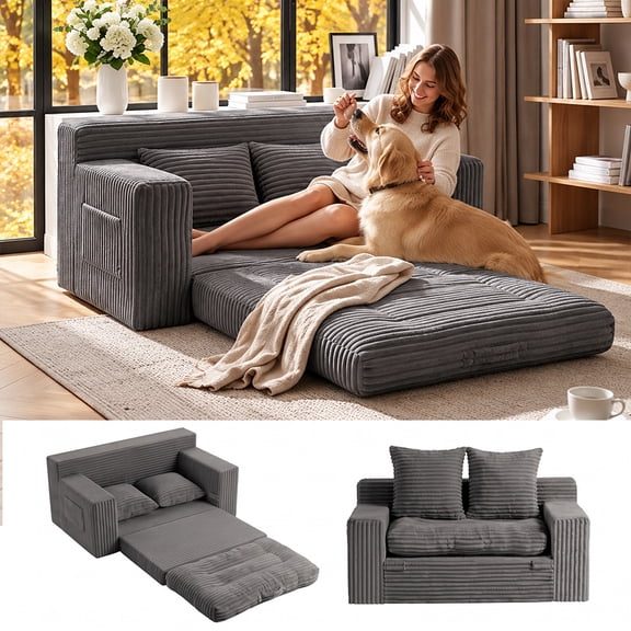 56" Convertible Boneless Sofa Bed, Folding Corduroy Sofa Couch with Removable Top Cushion, Grey