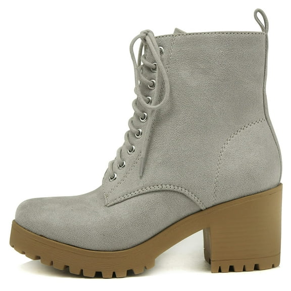 Soda Women Chunky Thick High Heels Combat Lug Sole Ankle Boots Platform Lace Up Booties Side Zipper Fuzzy-S Gray 7.5
