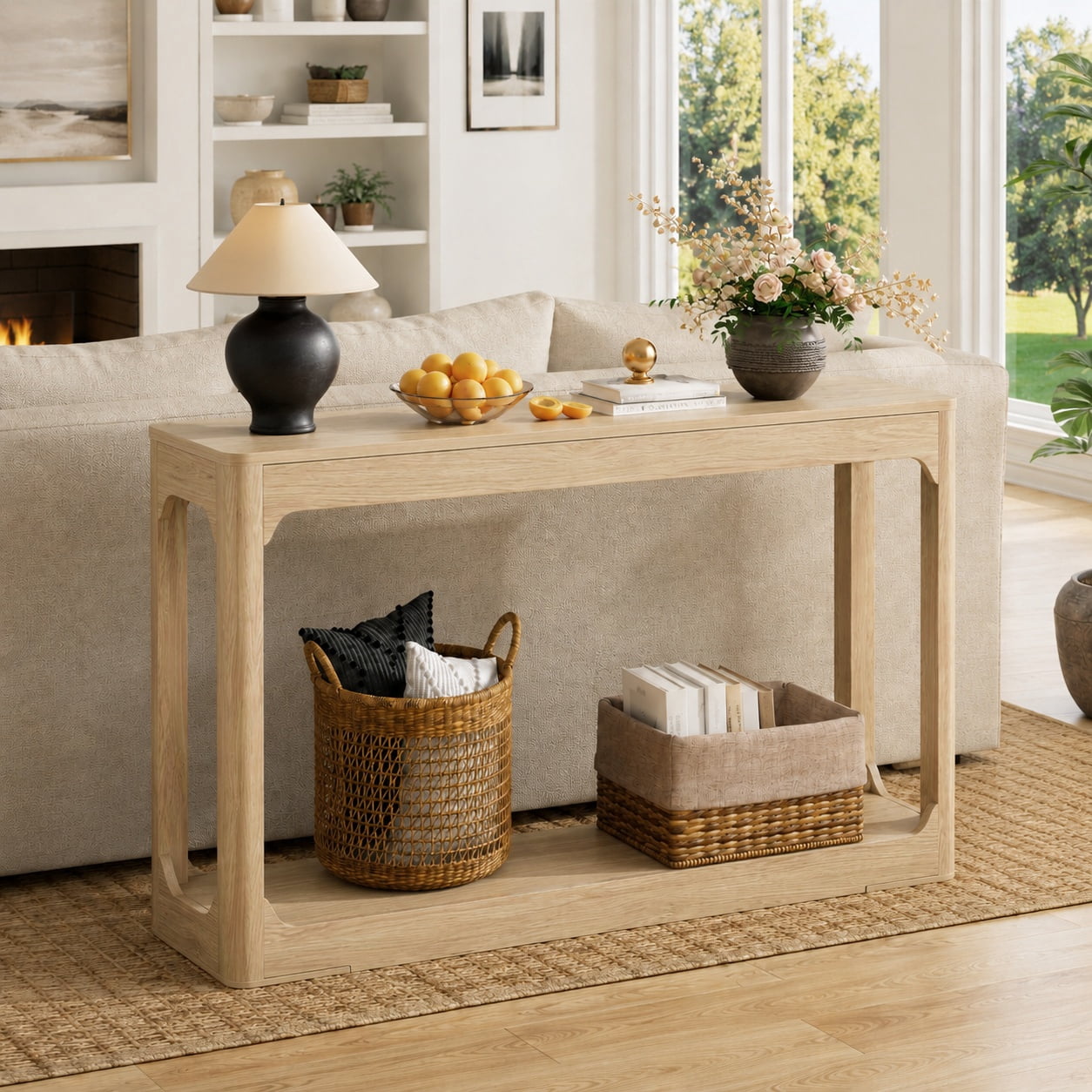 Aukfa 55.1" Wood Console Table, Narrow Sofa Table with 2-Tier Open Shelf for Entryway Hallway Living Room,Natural