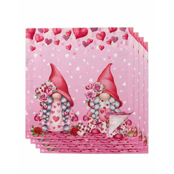 Valentine's Day Cloth Napkins Set of 4 Reusable Dinner Napkins, Ombre Pink Gnomes Love Roses Romantic Cocktail Napkin Washable Table Napkins for Wedding/Holiday Party/Baby Shower 20"x20"