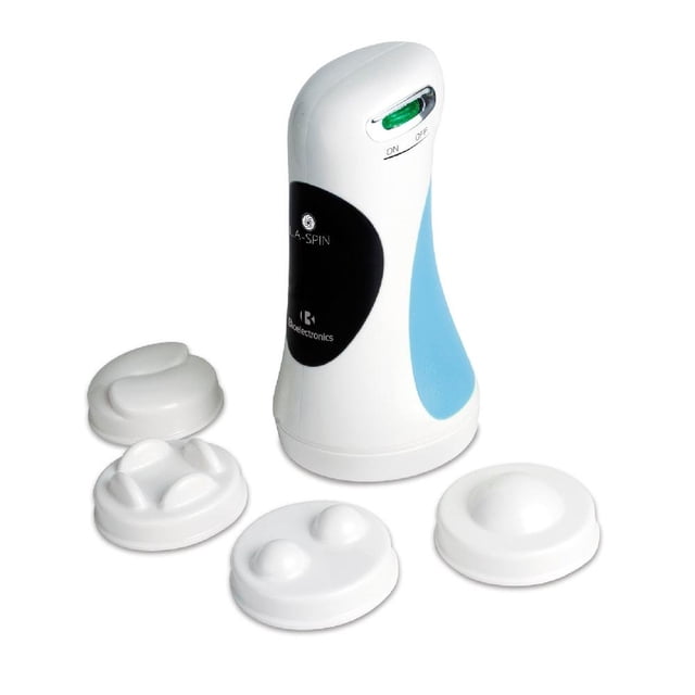 masajeador corporal bioelectronics la-spin rotativo con cabezales intercambiables, la-spin rosa; vista frontal centrada del masajeador de mano ergonómico blanco con panel azul y interruptor ON/OFF, logo BioElectronics y cuatro cabezales blancos intercambiables con distintos perfiles para áreas musculares, tamaño compacto para almacenar y uso portátil; ayuda a disminuir la flacidez según especificaciones y suele usarse también para relajación localizada en viajes.