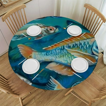 

Elastic Edged Round Tablecloth Ocean Fishes Print Table Cloth Cover for Indoor Outdoor Kitchen Party