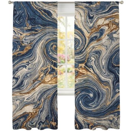 Abstract Fluid Patterns Sheer Curtains 96 Inches Long 2 Panels Navy Gold Cream Swirling Marble Veins Semi Sheer Rod Pocket Window Curtains Light Filtering Drapes for Living Room Bedroom