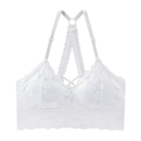 

KDDYLITQ Women Racerback Bra Lace Adjustable Straps Push Up Halter Criss Cross Padded Bralette White M