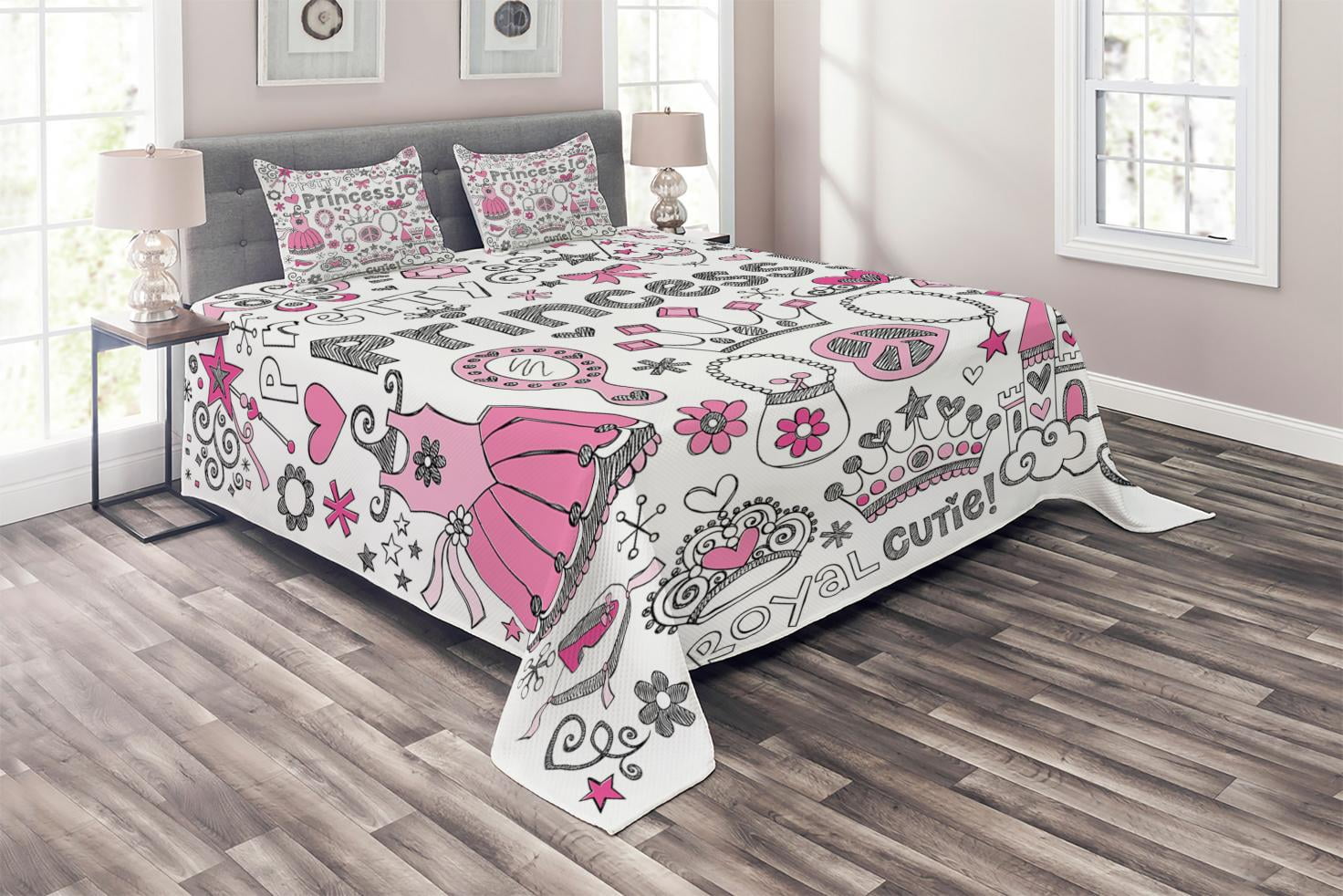 Girls Quilted Bedspread & Pillow Shams Set Fairy Tale Princess Tiara Print 
