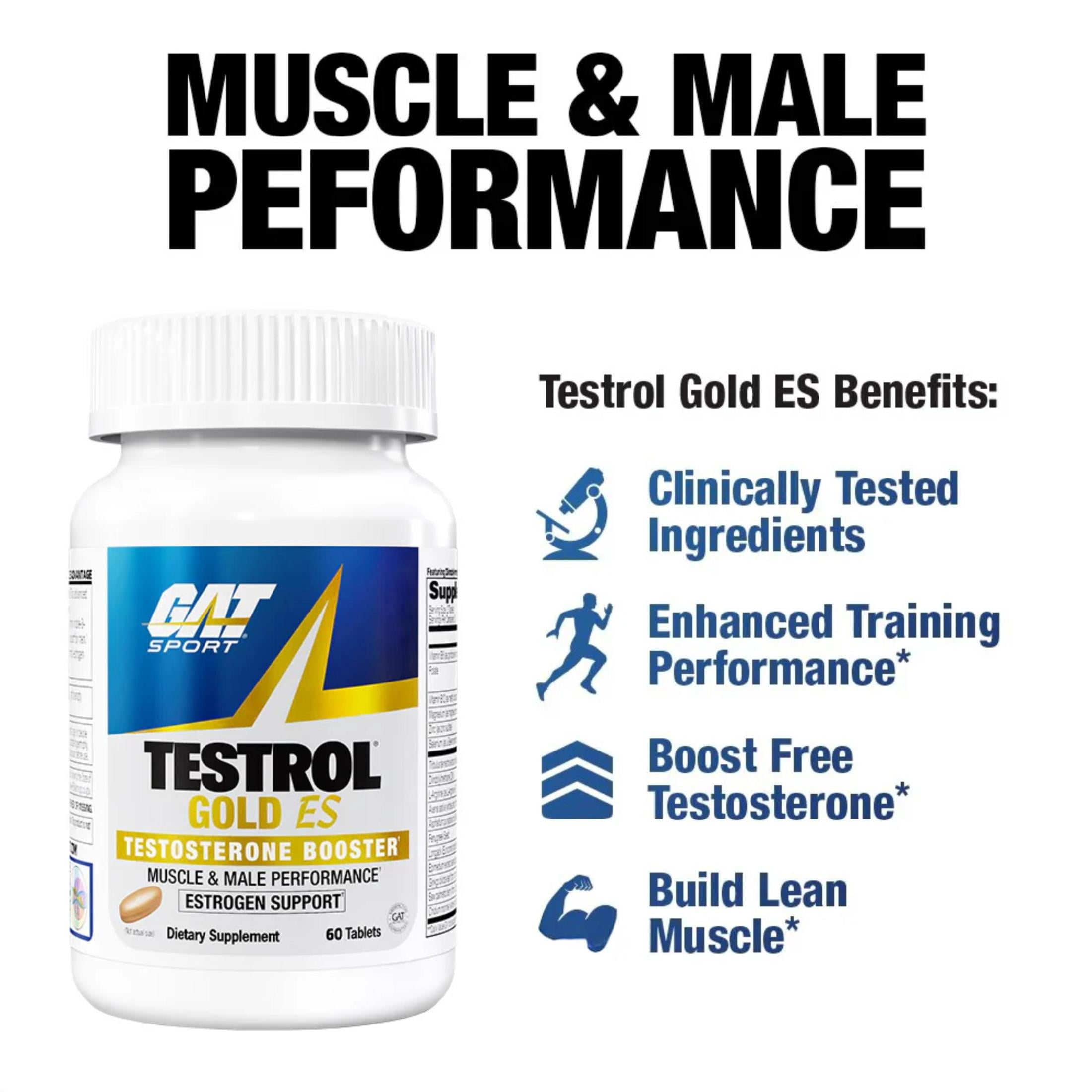 GAT SPORT Testrol Gold ES with Shilajit, Tribulus, DIM, Zinc, Longjack, Fenugreek, Saw Palmetto, Estrogen Balance, 60 Tablets