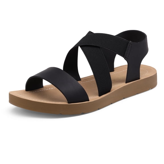 DREAM PAIRS Womens Open Toe Elastic Ankle Strap Flat Summer Sandal, Black-2-8 (Elena-2)