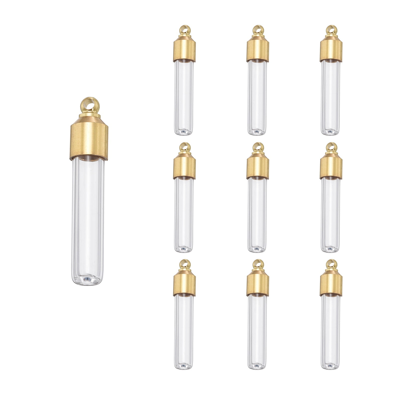 Uxcell 10 Pcs Vial Necklace, Stainless Steel Glass Flat-Bottomed Cylinder Perfume Bottle Pendant Necklace Ashes Urn Vial Pendant 30.5mm for Women Keepsake Memorial Jewelry, Clear/Gold