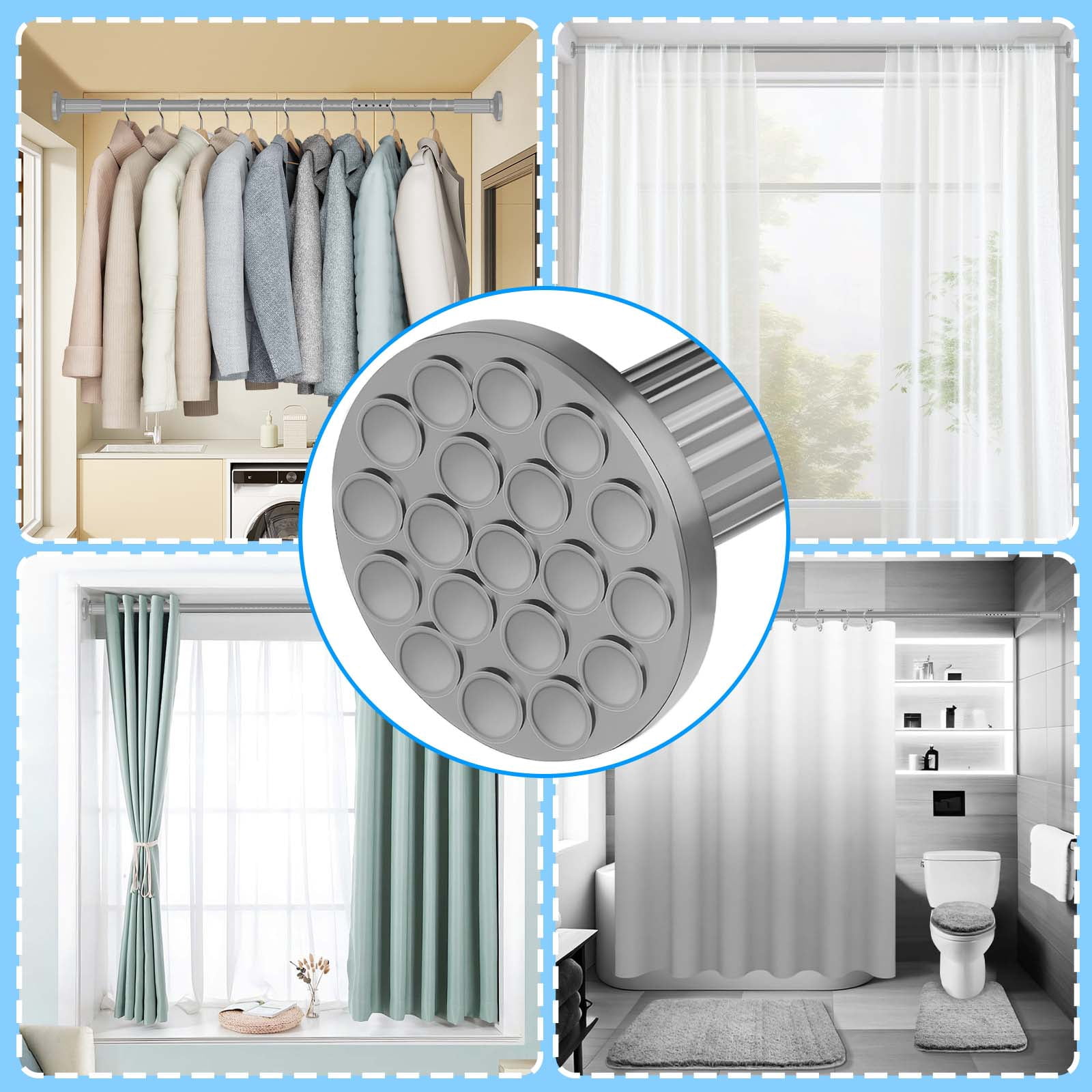 Ktinnead Tension Curtain Rod 129-148in,Extra Long Curtain Rods No Drilling for Window Bathroom Patio,Adjustable Spring Shower Curtain Rod,Easy to Install Never Rust,Rod Diameter 1.26in-Gray