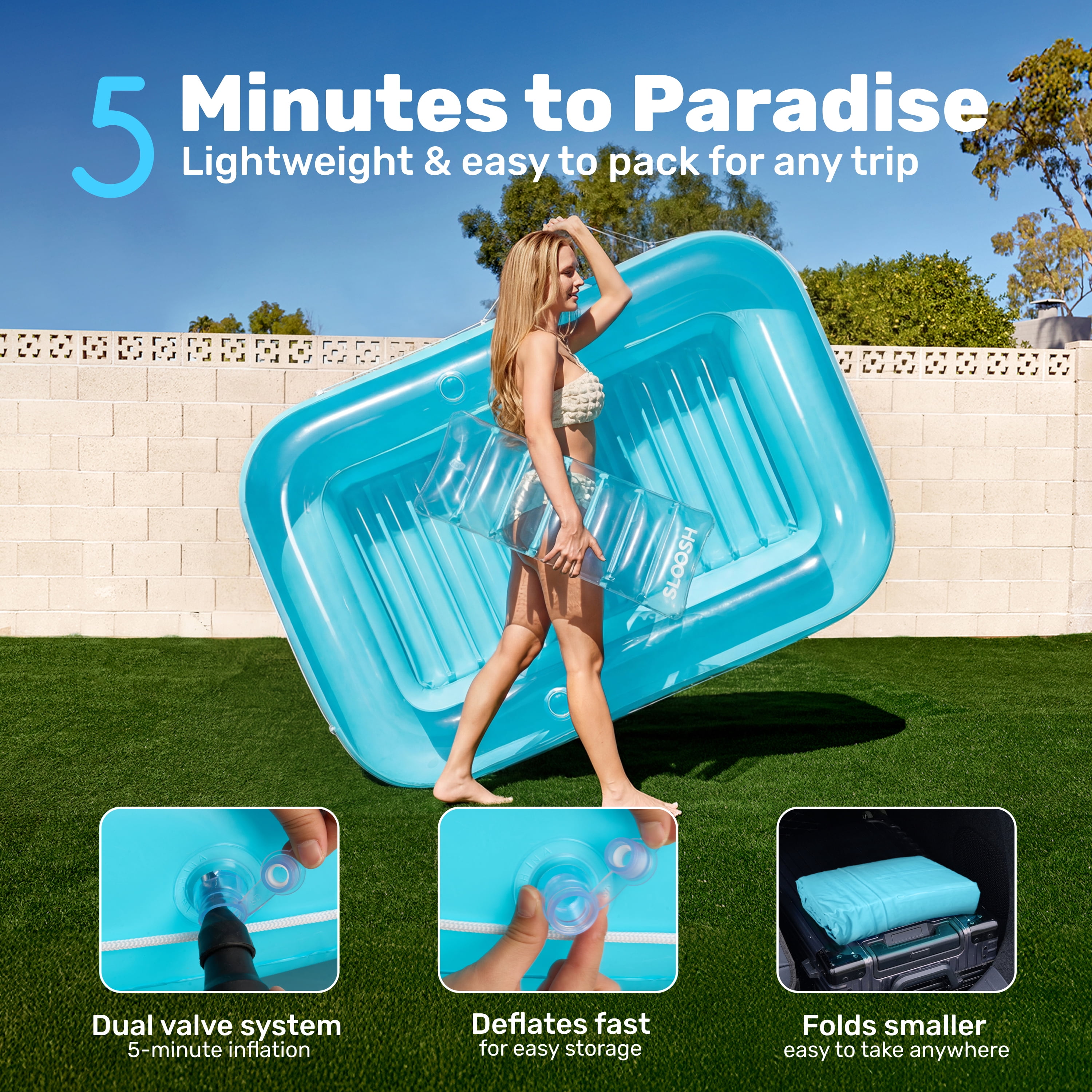 SLOOSH Inflatable Tanning Pool Lounger Float, 70" x 46" Large Suntan Tub with Pillow, Water Raft Float For Kids & Adults, L-Blue