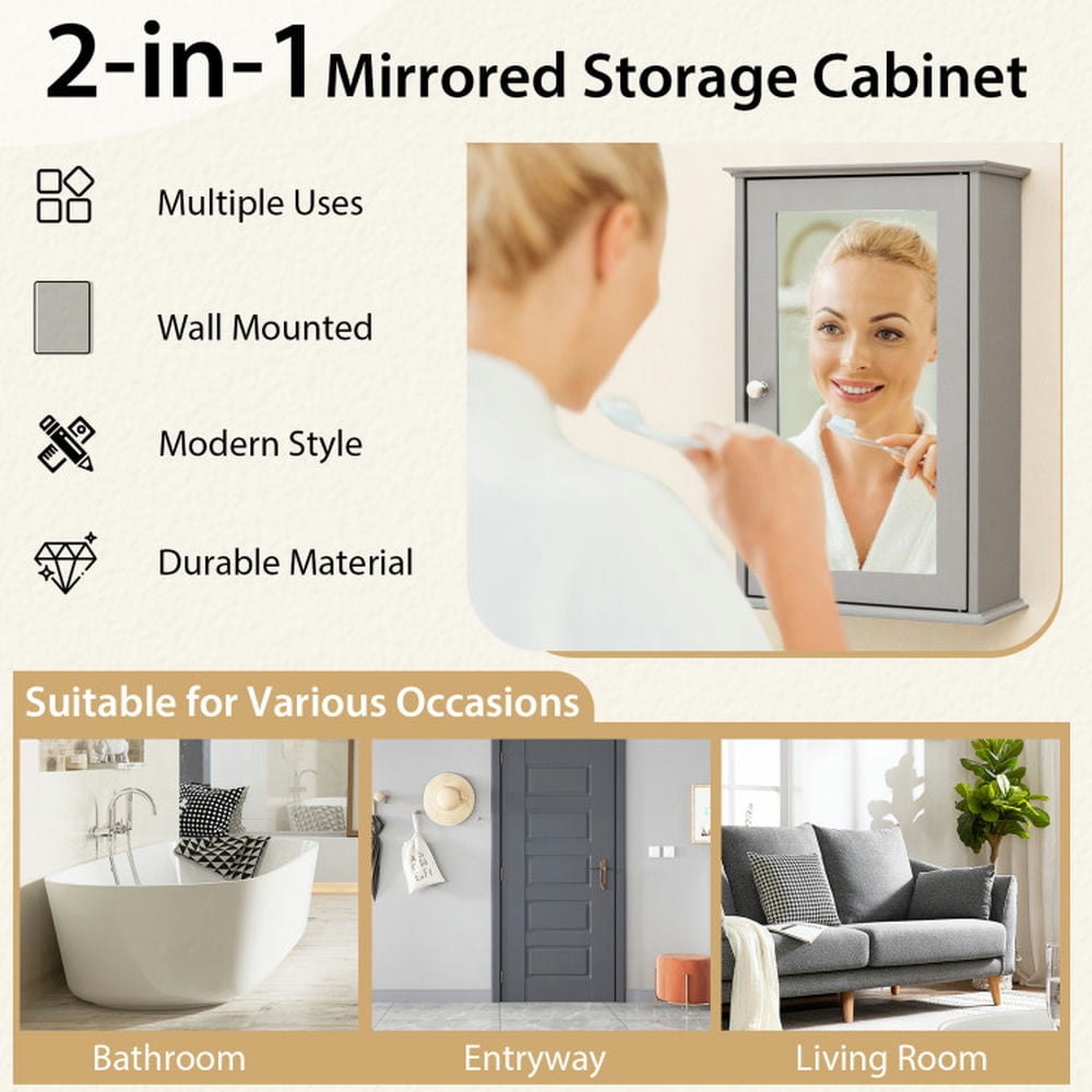 Finihen Bathroom Wall Cabinet, Wall Mounted Bathroom Mirror Cabinet, Bathroom Wall Cabinet with Single Mirror Door, for Bathroom, Gray Finihen Bathroom Wall Cabinet, Wall Mounted Bathroom Mirror Cabinet, Bathroom Wall Cabinet with Single Mirror Door, for Bathroom, Gray