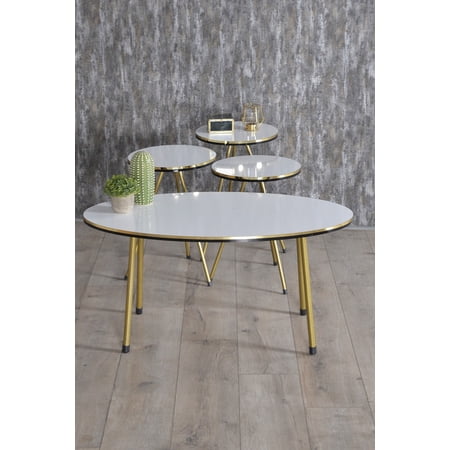 White Oval Coffee Table Set with 4 PCS,Set With 3 Modern Round Nesting Tables And Coffee Table with Gold Metal Legs,Stacking Side Tables With Gold/Black Side Details,Set of 4 Accent Tables