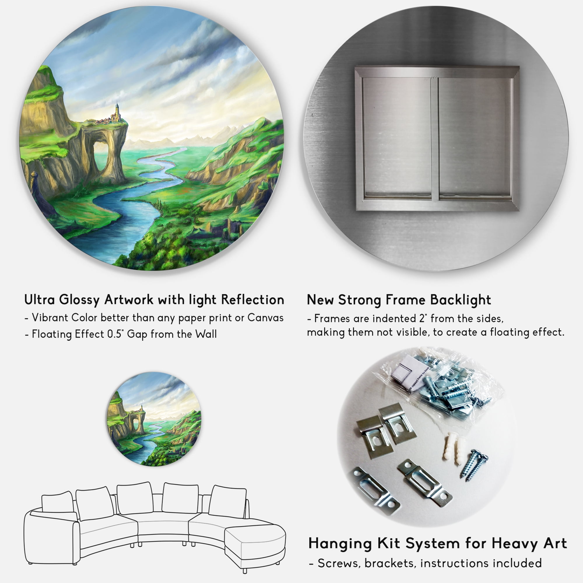 Designart 'Meandering River With Blue Fantasy Landscape' Lake House Circle Metal Wall Art 36x36 - Disc of 36