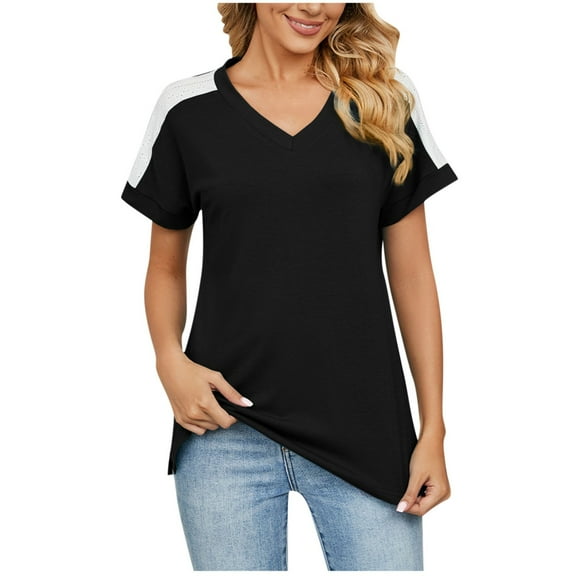 Mittory Women Summer Short Sleeve V Neck Shirts Side Split Tunics Loose Fit Tops Basic Tees