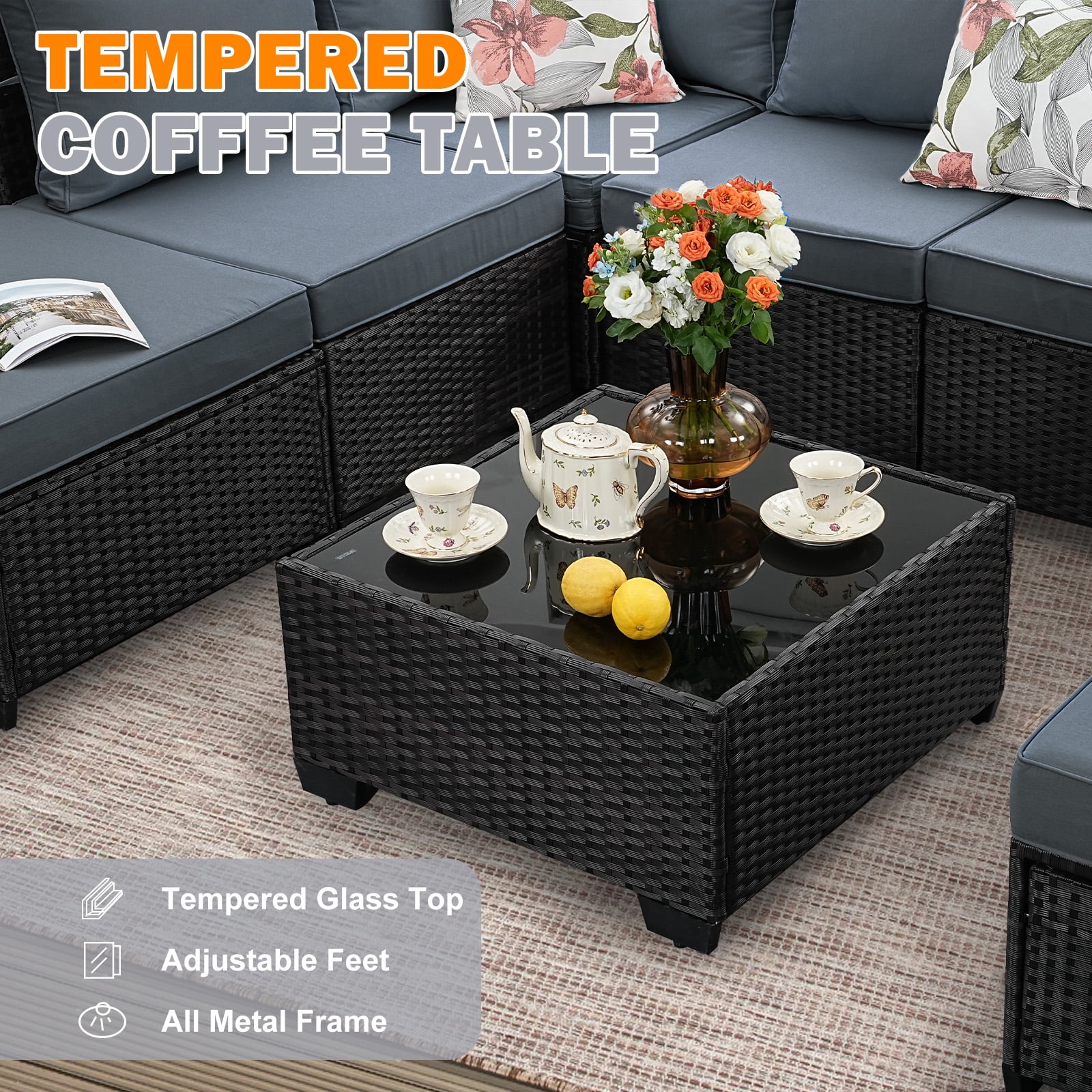 TerraRelax 5 Pieces Patio Furniture set All-Weather Outdoor Wicker Sectional Conversation Sofa Rattan patio seating sofa with cushion and Glass Table and Ottoman for Porch Poolside,GREY