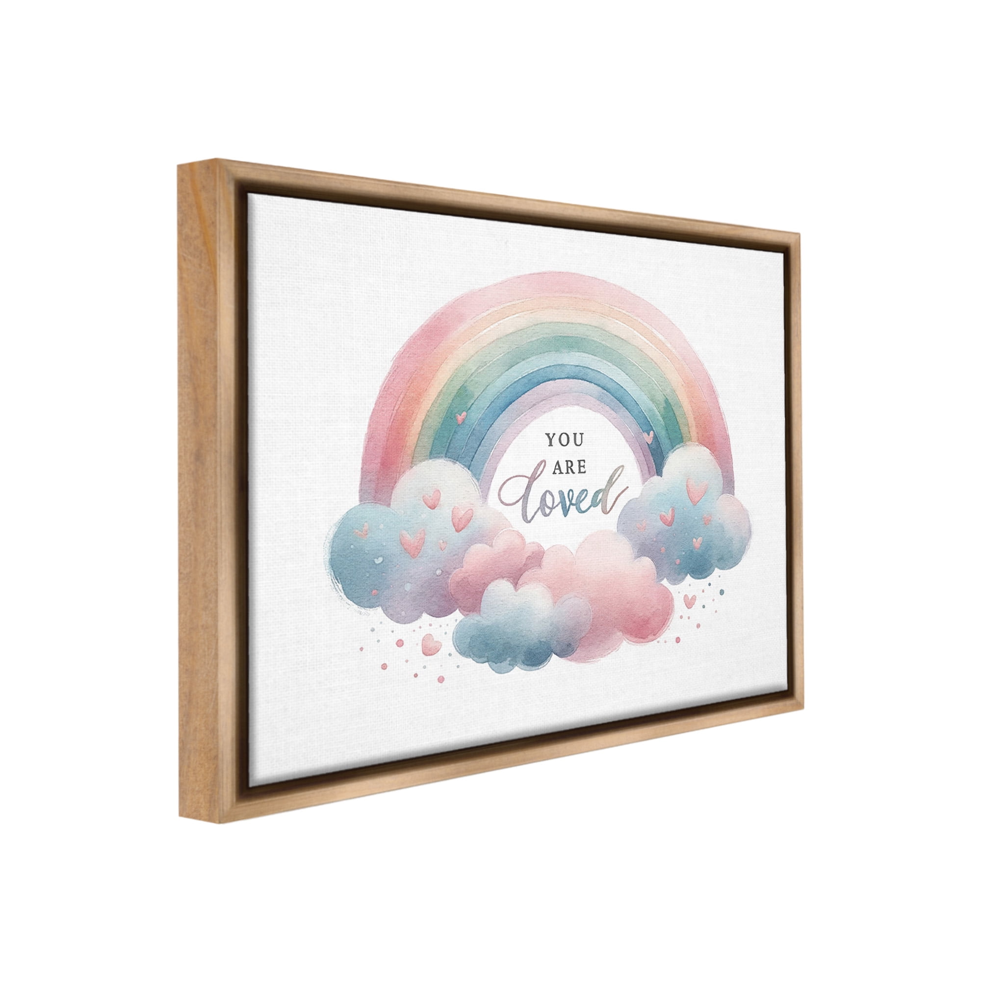 Stupell Industries Loved with Pastel Rainbow Inspirational Painting Brown Floater Framed Canvas Art Print Wall Art, 21 x 17