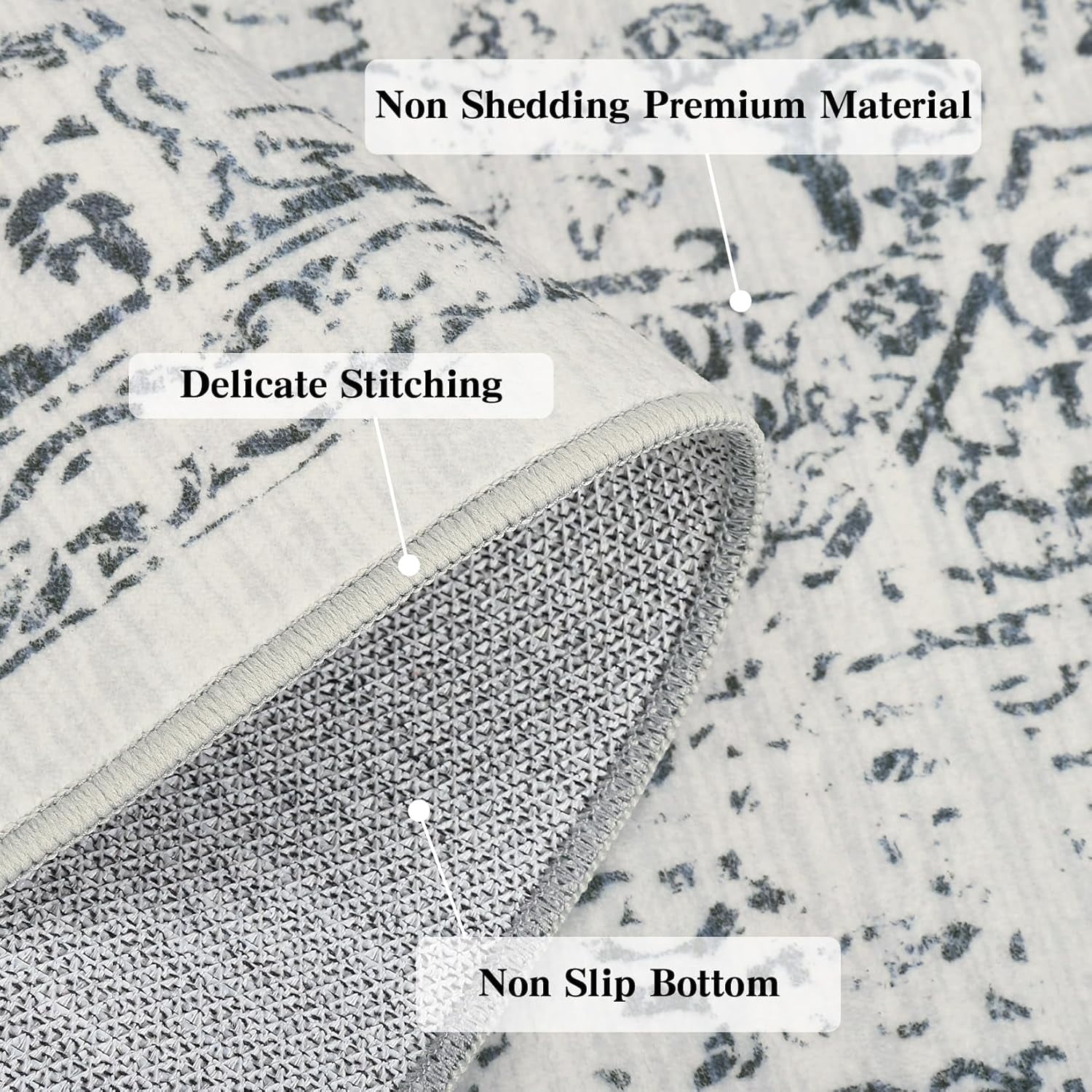 Area Rug 8x10 Washable Rug Grey Vintage Rug Traditional Floor Cover Thin Rug Retro Indoor Distressed Non Slip Carpet Floral Print Mat Dining Room