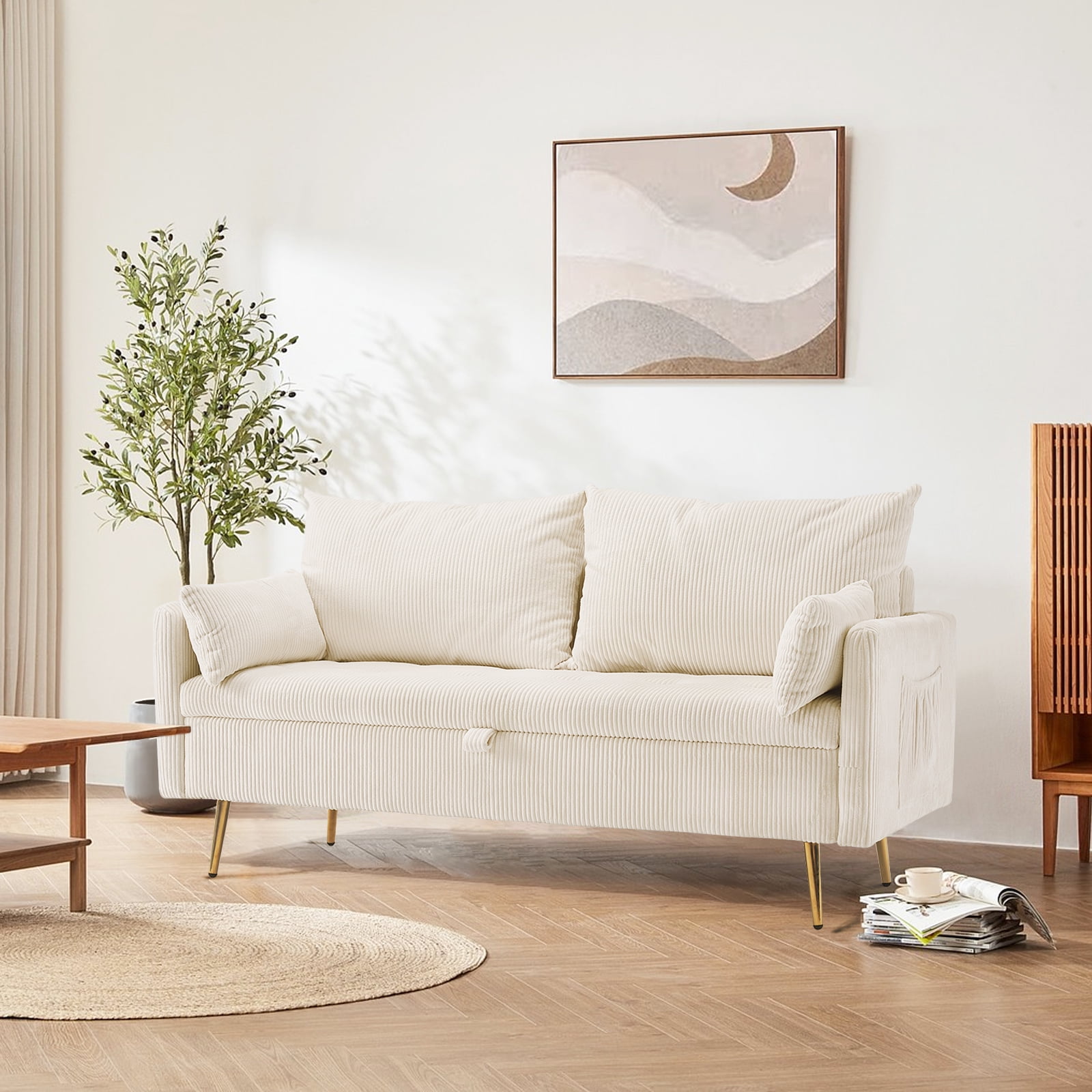 Furniliving Loveseat Sofa with Storage, Modern Upholstered Love Seat, Comfy Sofa Couch for Living Room, Bedroom, Beige