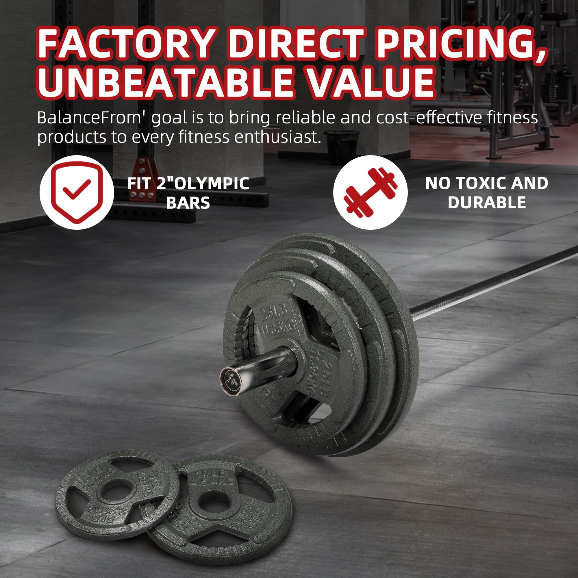 BalanceFrom Cast Iron Weight Plates，1-Inch or 2-Inch Center Hole, Multiple Sizes & Sets Available，for Strength Training & Weightlifting