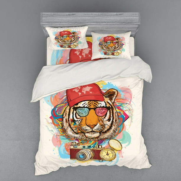 Animal Duvet Cover Set Hipster Rapper Tiger Sunglasses Hat And Artist Hippie Comic Print Bedding With Shams Fitted Sheet 3 Sizes By Ambesonne Com - Animal Picture Duvet Cover