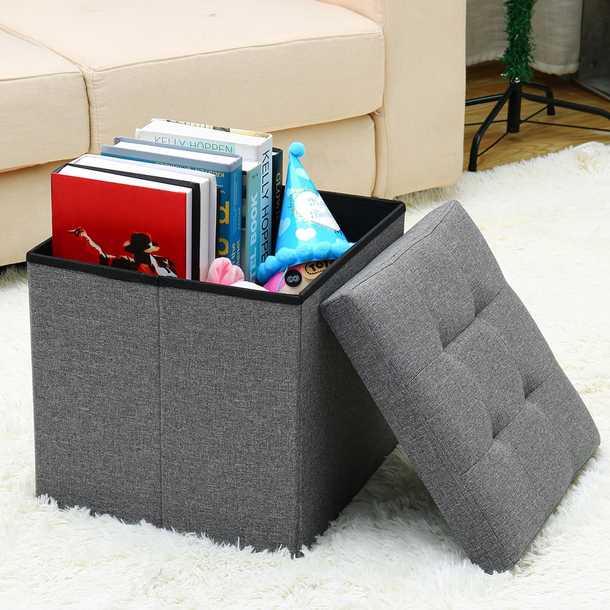 15 inches Folding Storage Ottoman, Cube Storage Boxes Footrest Stool