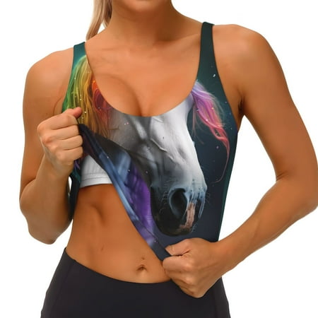 Qokaie Colorful Haired White Horse Pattern Womens Scoop Neck Sports Bra Breathable Workout Vest Padded U Back Medium Impact Fitness Gym Yoga Bra Workout Crop Top