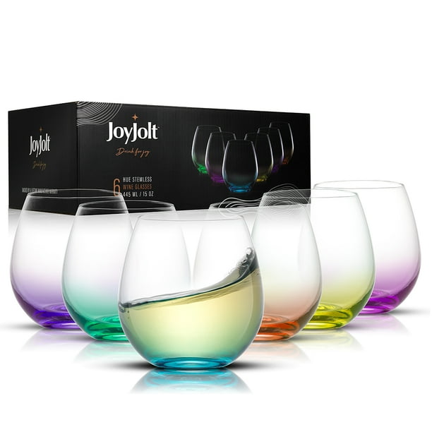 JoyJolt Hue Colored Stemless Wine Glass Set Large 15 oz Stemless Wine