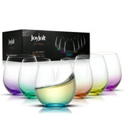JoyJolt Hue Colored Stemless Wine Glass Set - Large 15 oz Glass Stemless Wine Glasses Set of 6