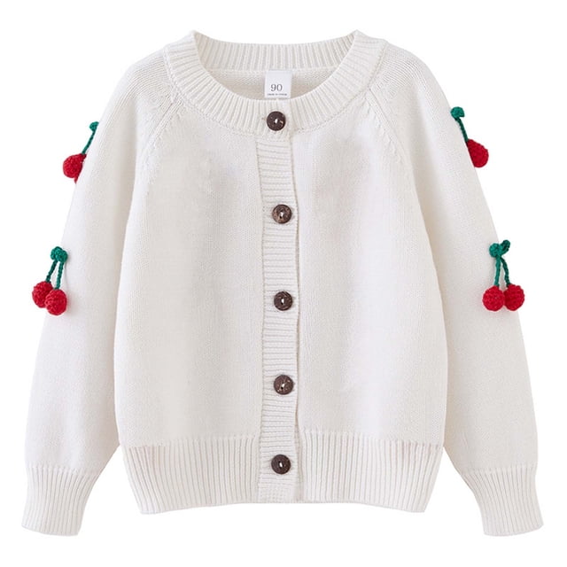 RXIRUCGD Cardigan Tricoté à la Main pour Filles, Col Rond en Coton, Veste Chandail pour Enfants (Blanc, Taille : 7 Ans)