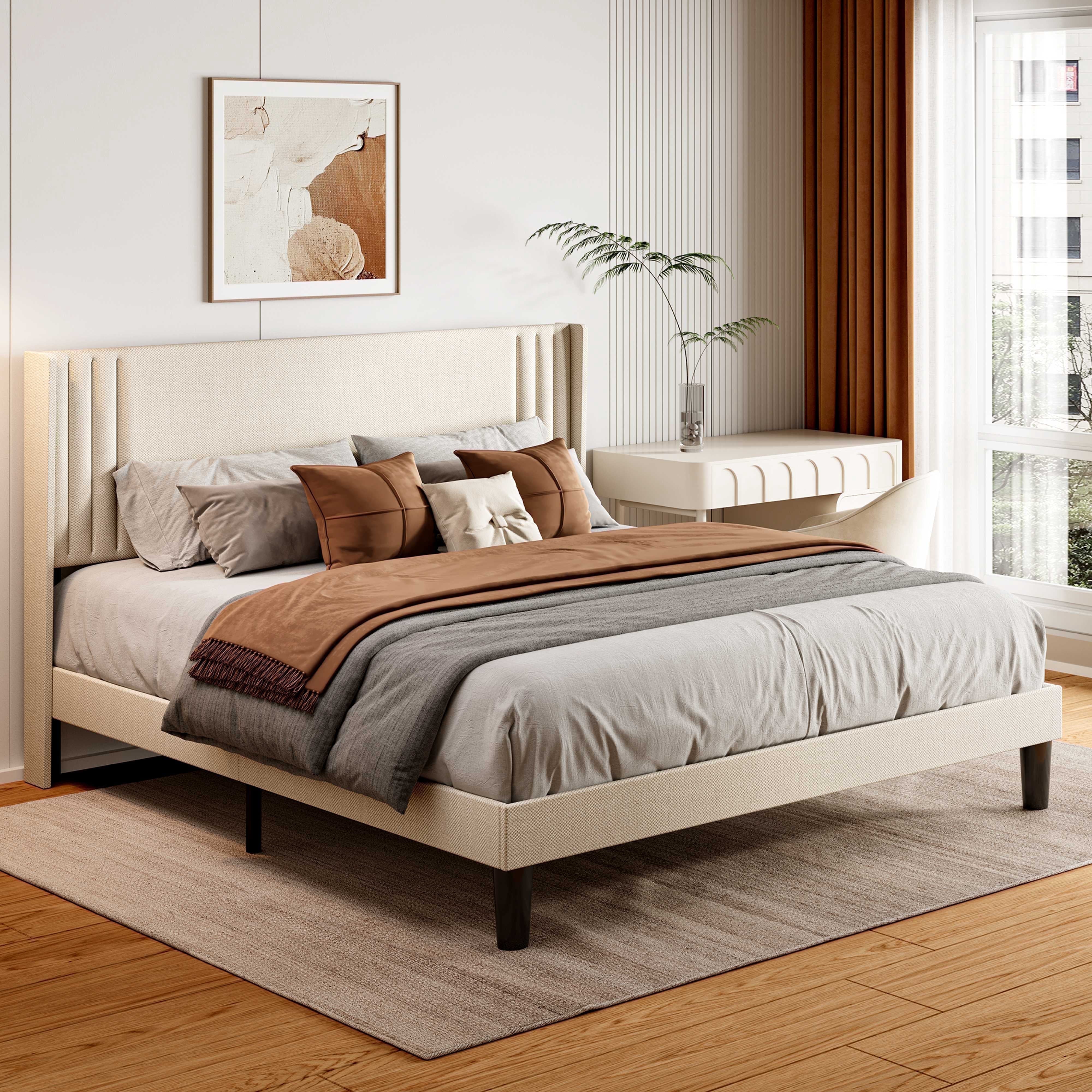 Asofer Queen Size Heavy Duty Bedframe with Upholstered Wingback Headboard, Metal Platform, Beige
