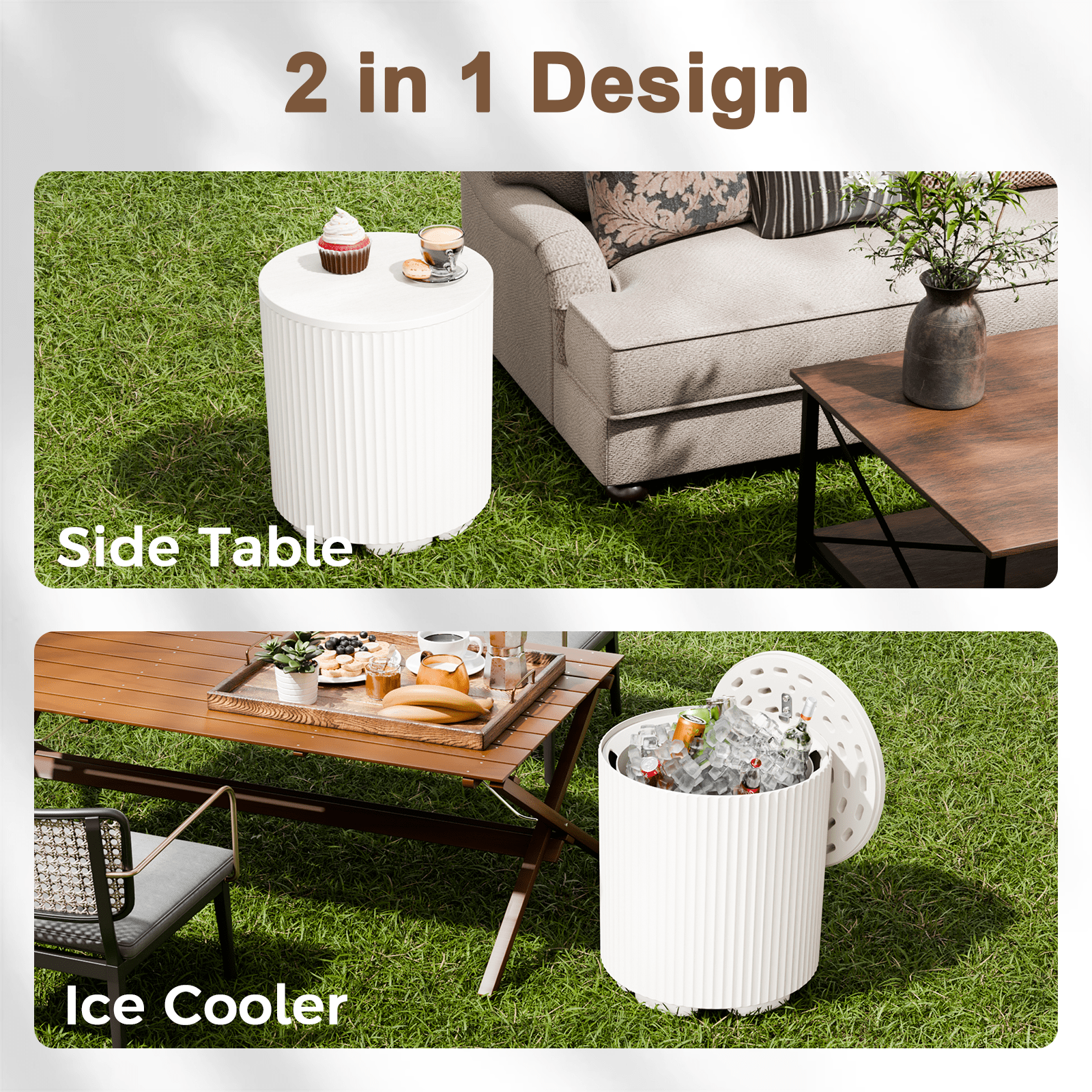 Chiccushion Outdoor Cooler Side Table, Portable Ice Bucket with Lid, Patio Table and Ice Chest Storage for Party, Poolside, Deck, White