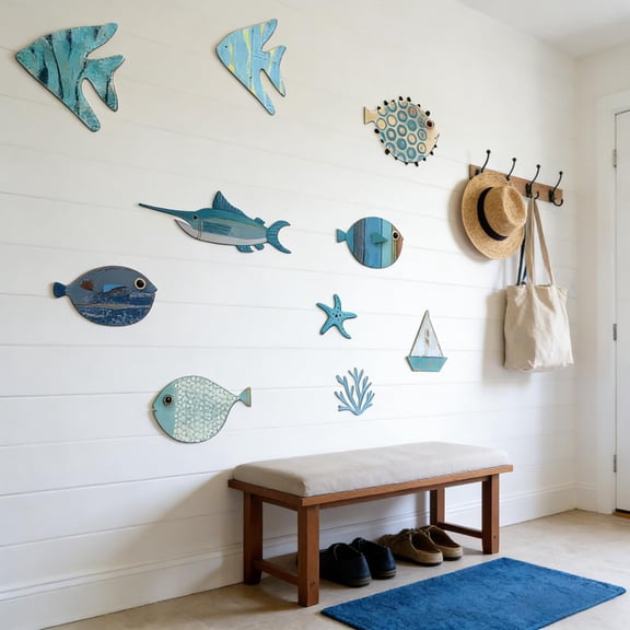 Djunllk 10Pcs Ocean Wall Decor - Wooden Fish-Shaped Beach Wall Decor Living Room Home, Hanging Wall Art Gifts