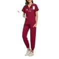 thumbnail image 2 of DENGDENG Scrubs for Women Plus Size Sets Plus Size Stretch V-Neck Scrub Top & Drawstring Jogger Pants with Pockets Petite Nursing Uniforms Soft Cute Wine XL, 2 of 5