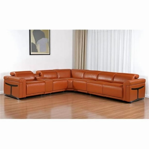 HomeRoots 534860 Camel Italian Leather Modular L Shaped 7 Piece Corner Sectional with Console