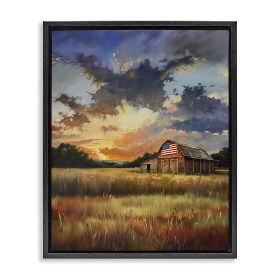 Stupell Industries American Barn at Sunset Landscape & Nature Painting Black Floater Framed Canvas Art Print Wall Art, 17 x 21