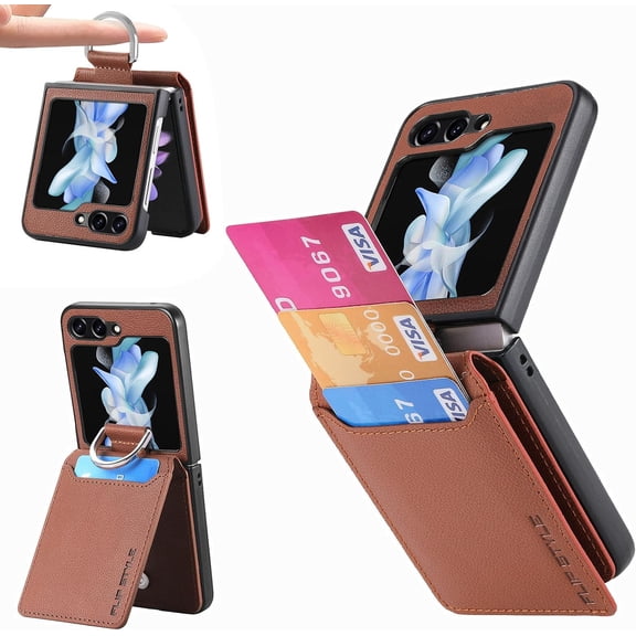 Phone Case for Samsung Galaxy Z Flip 5 5G 2023 with Card Slot Holder Wallet Cover and Ring Stand Magnetic Back Cell Mobile Accessories Protective Case for ZFlip5 Z5 Flip5 5Z Flip5case Brown